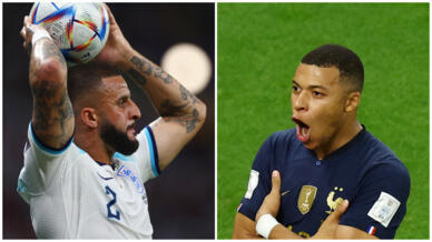 L'Anglais Kyle Walker (à gauche) et le Français Kylian Mbappé, un duel majeur durant le quart de finale de Coupe du monde 2022 entre l'Angleterre et la France ?