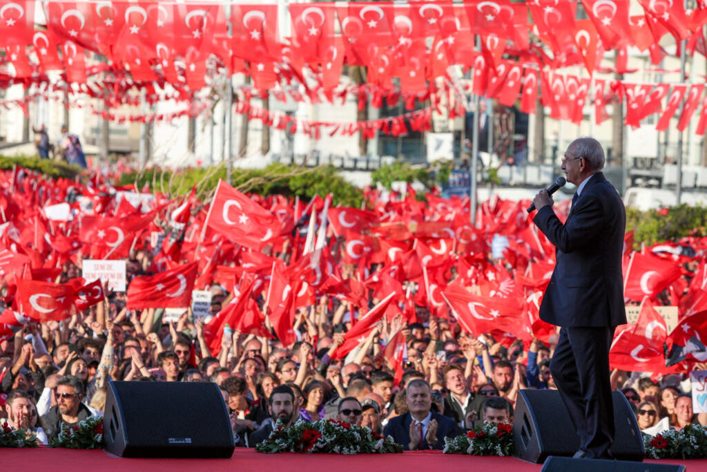 Kemal Kilicdaroglu, presidential candidate of Turkey's main opposition alliance, addresses his supporters during a rally in Izmir, on 30 April 2023.
