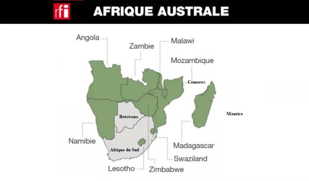 carte archive / Afrique Australe ：13 pays: Afrique du Sud, Angola,  Botswana, Comores, Eswatini, Lesotho, Madagascar, Malawi, Maurice, Mozambique, Namibie, Zambie, Zimbabwe.