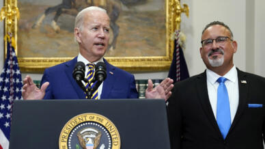 Joe Biden lors d'une conférence de presse sur l'annulation partielle des prêts étudiants à la Maison Blanche le 24 août 2022.