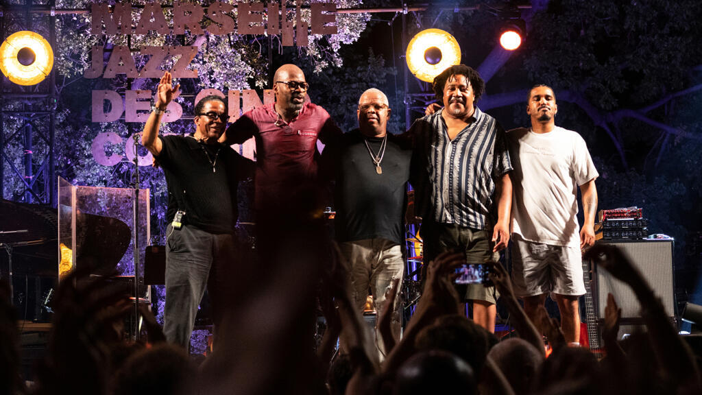 Herbie Hancock, Lionel Loueke, Terence Blanchard, James Genus, Justin Tyson, lors du Marseille Jazz des Cinq Continents 2022.