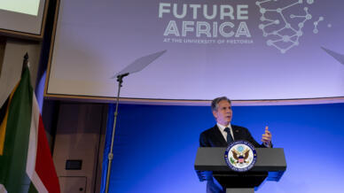 Le secrétaire d'État américain Antony Blinken lors d'une conférence à l'université de Pretoria en Afrique du Sud, le 7 août 2022.