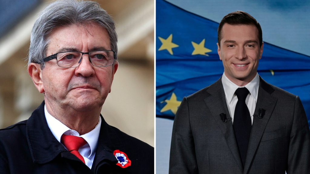 Líder da esquerda radical, Jean-Luc Mélenchon (esq.), é um dos nomes fortes da Nova Frente Popular. Em primeiro lugar no primeiro turno das eleições, ficou o partido Reunião Nacional, liderado por Jordan Bardella (dir.).
