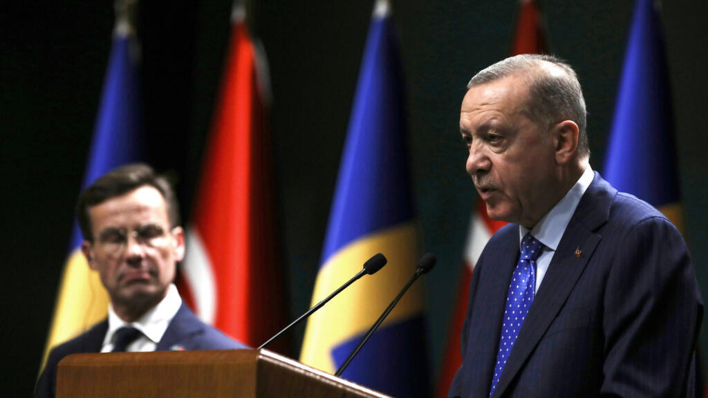 Turkish President Recep Tayyip Erdogan and Sweden's Prime Minister Ulf Kristersson speak to the media after talks at the presidential palace in Ankara, Turkey, on 8 November 2022.