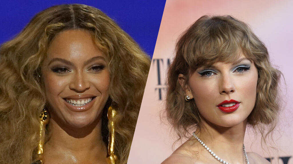 Beyoncé à la 63e cérémonie des Grammy Awards à Los Angeles le 14 mars 2021 et Taylor Swift à la première mondiale du film-concert «The Eras Tour», le 11 octobre 2023 à Los Angeles.