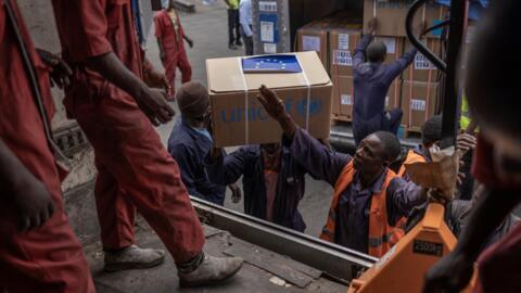 A humanitarian aid delivery to Goma airport in the eastern Democratic Republic of Congo, on 10 March 2023. Access to the airport has been cut off for months, but international donors say humanitarian corridors will be reopened soon.