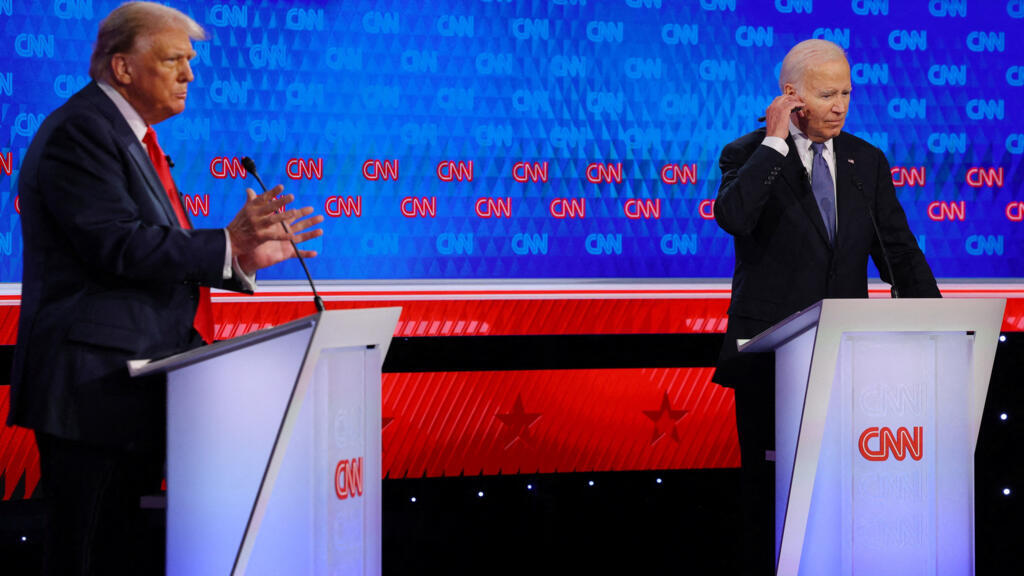 Le candidat démocrate, le président américain Joe Biden, et le candidat républicain, l'ancien président américain Donald Trump, lors du débat avant l'élection présidentielle américaine, à Atlanta, Géorgie, le 27 juin 2024.
