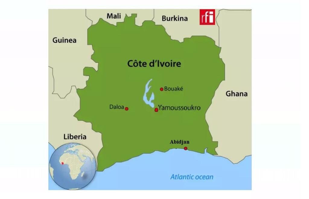 Data RFI / Carte archive : Côte d'Ivoire et sa capitale Yamoussoukro + ville Abidjan