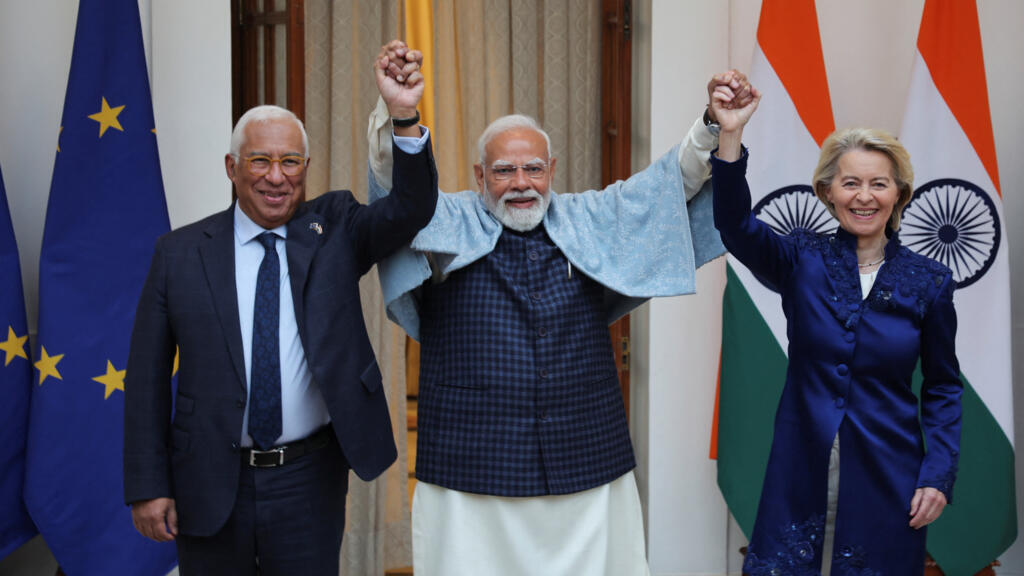 European Council President Antonio Costa, European Commission President Ursula von der Leyen and Indian Prime Minister Narendra Modi pose during a photo opportunity ahead of their meeting at the Hyder