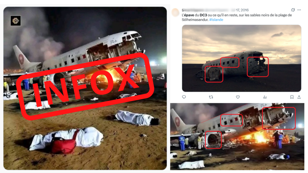 Cette image générée par IA a été employée pour faire croire à l'accident d'un avion de Mauritania Airlines. L'IA s'est peut-être servie de la photo d'une épave d'avion... en Islande.