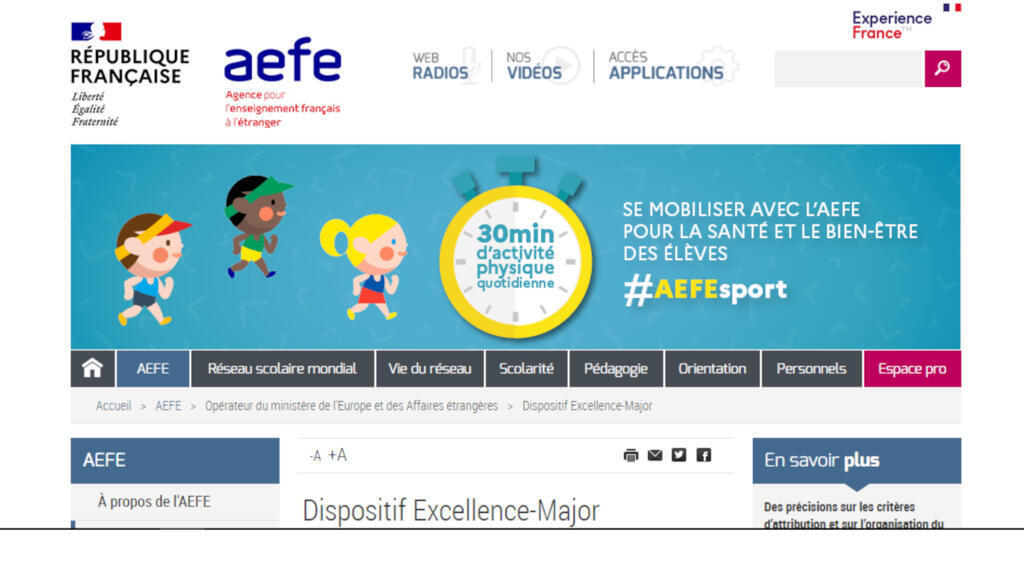 La page d'accueil de l’AEFE, l'Agence pour l'enseignement français à l'étranger. Le site précise les modalités de cette
bourse pour étudiants étrangers.