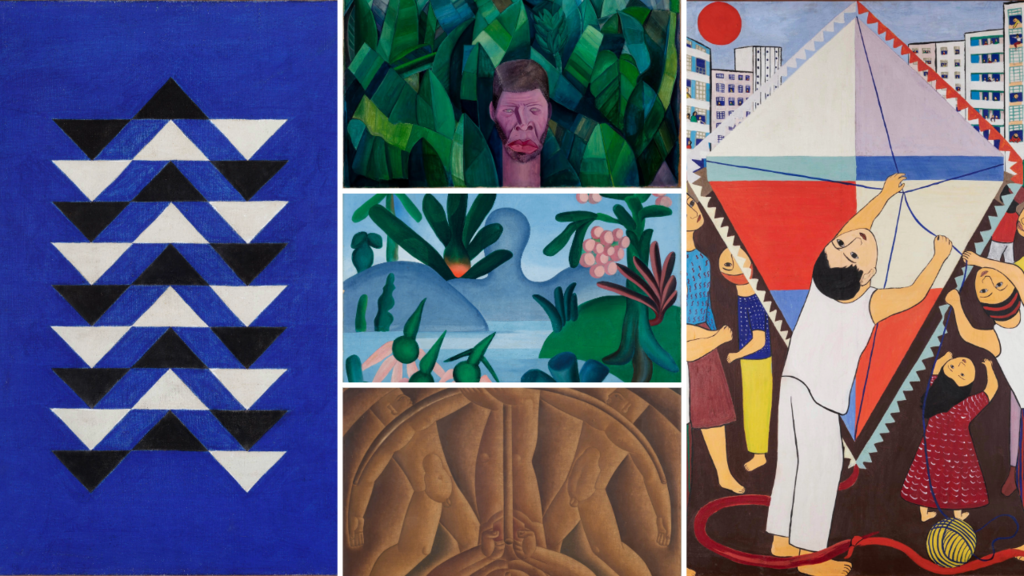 Fotomontagem obras de Alfredo Volpi, Lasar Segall, Tarsila do Amaral, Vicente do Rego Monteiro eDjanira.