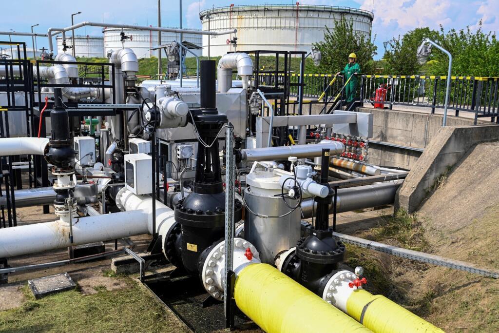 A photo taken on May 5, 2022 shows the receiver station of the Druzhba pipeline of petroleum between Hungary and Russia at the Duna (Danube) Refinery of Hungarian MOL Company located near the town of Szazhalombatta, about 30 km south of Budapest.