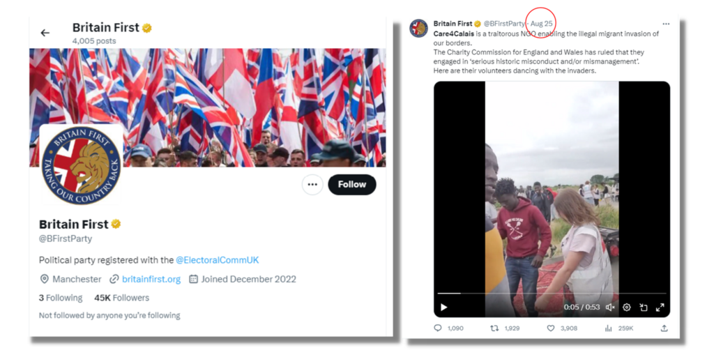 La vidéo a déjà été publiée le 25 août 2023 sur le compte d'extrême droite "Britain First".