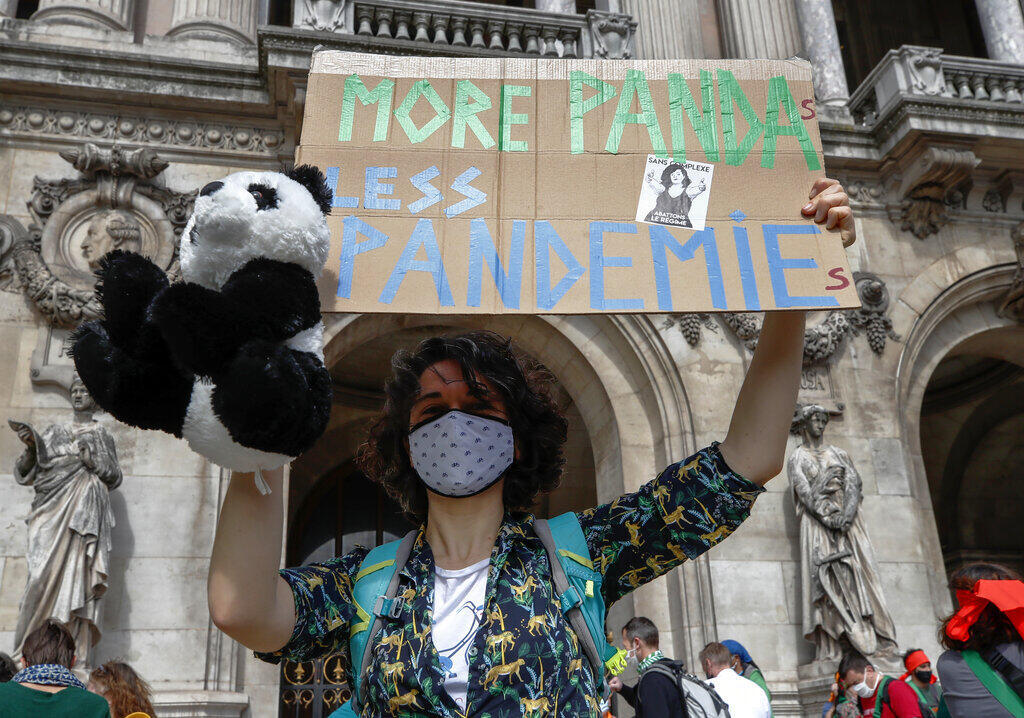 Manifestante em Paris pede "mais pandas, menos pandemias".