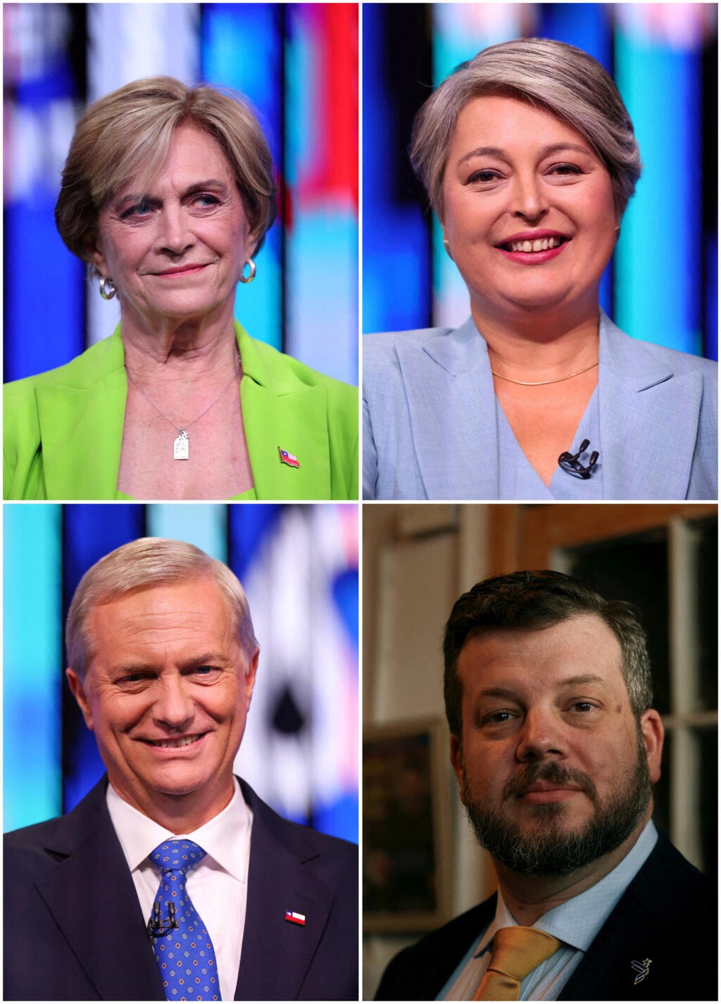 Fotomontagem com os candidatos à presidência do Chile Evelyn Matthei, do partido União Democrática Independente, Jeannette Jara, do Partido Comunista, e José Antonio Kast, do Partido Republicano, participando do último debate televisionado antes das eleições de 16 de novembro, em Santiago, Chile, em 10 de novembro de 2025, e Johannes Kaiser, do Partido Nacional Libertário, posando para uma foto, em Santiago, Chile, em 22 de setembro de 2025.