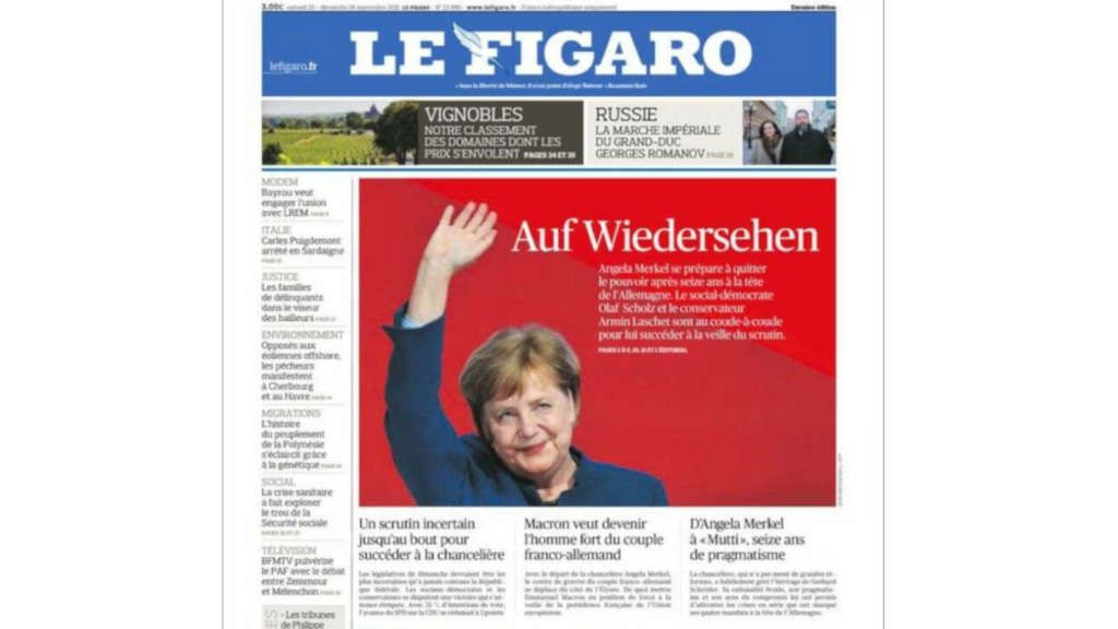 « Auf Wiedersehen », lance Le Figaro à Angela Merkel, en une du quotidien, ce samedi 25 septembre 2021.