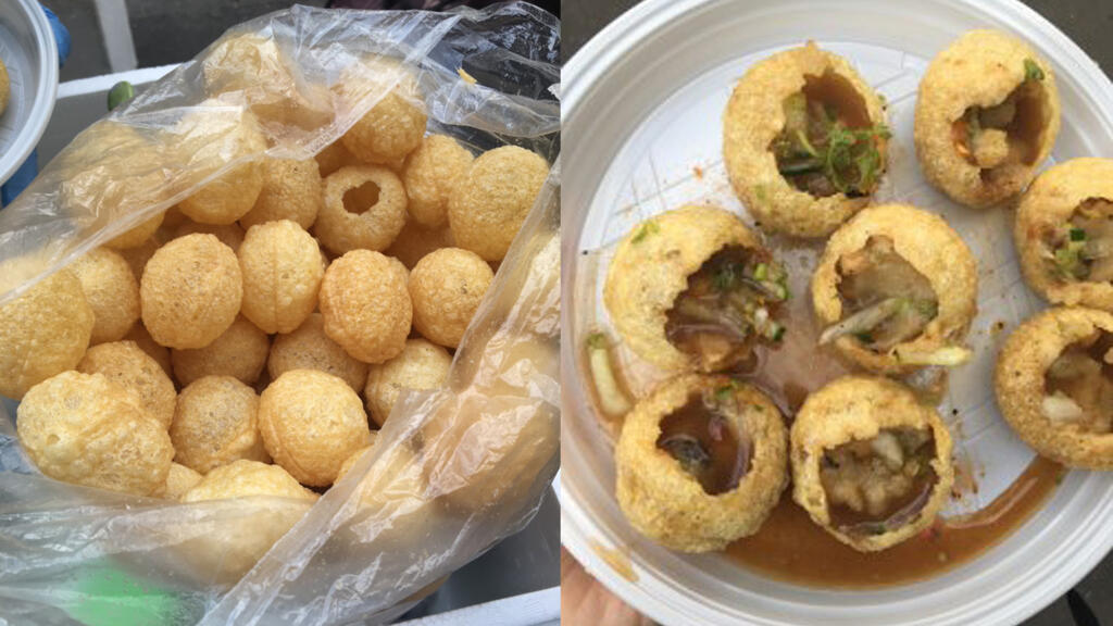 Panipuri non garnis (à gauche) et prêts à être dégustés (à droite).