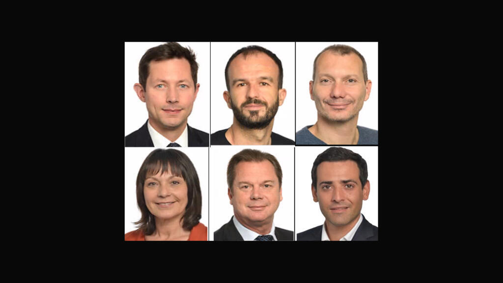 En haut, de g. à dr. : François-Xavier Bellamy, Manuel Bompard, David Cormand, Sylvie Guillaume, Jérôme Rivière et Stéphane Séjourné.
