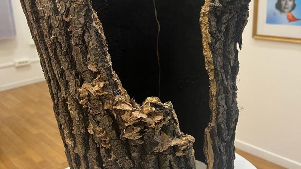 Fotografia exibe no primeiro plano a escultura em um tronco de árvore da francesa Mathilde Thiennot e atrás obras da brasileira Lucia Adverse.