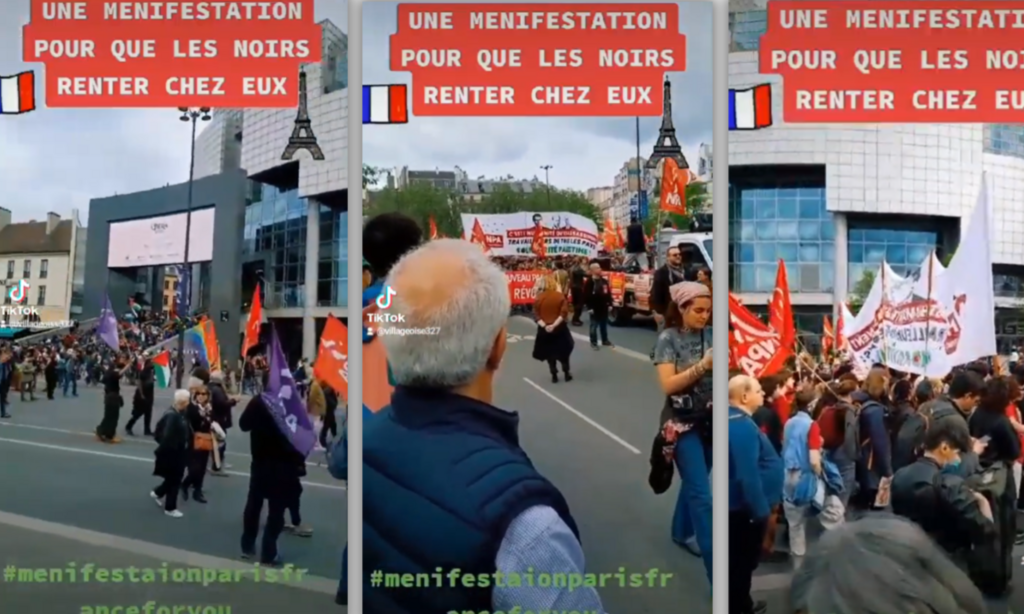 Des drapeaux du NPA et des drapeaux palestiniens sont visibles dans le cortège.