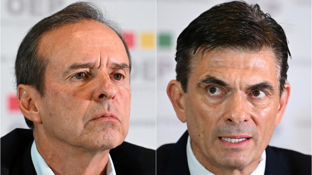 Os dois candidatos ao segundo turno das eleições presidenciais na Bolívia: à esquerda, o conservador Jorge Quiroga, da Aliança Livre; à direita, Rodrigo Paz, do Partido Democrata Cristão (PDC). La Paz, 12 de outubro de 2025.