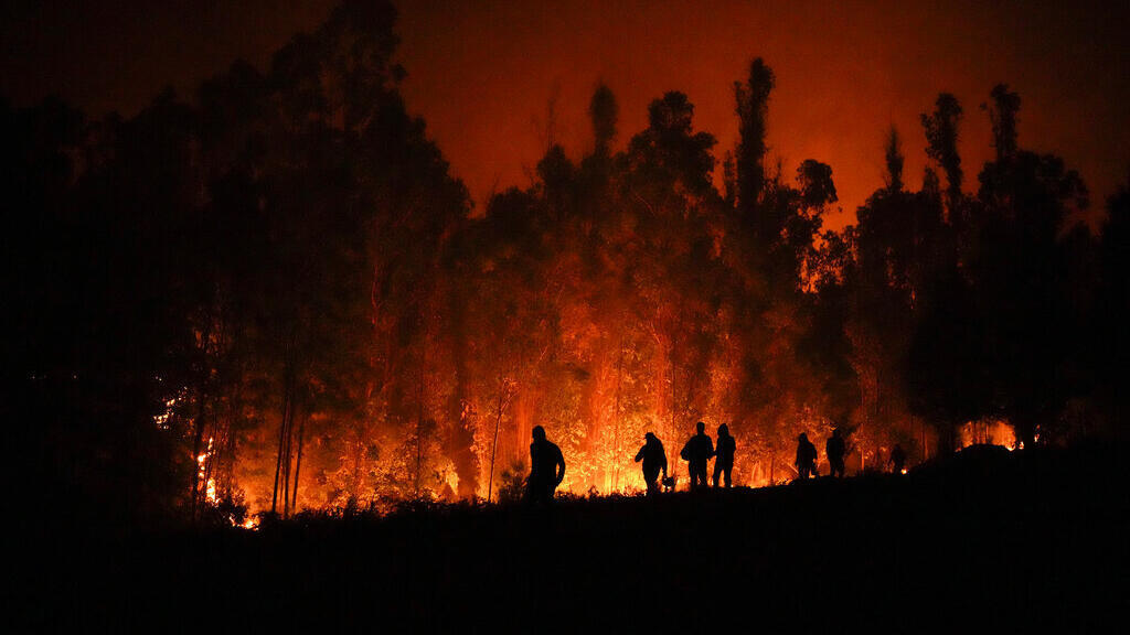 Os voluntários transportam suprimentos para os bombeiros perto de árvores queimando em Puren, Chile, no final do sábado, 4 de fevereiro de 2023, à medida que os incêndios florestais se espalham pelo sul e centro do Chile, provocando evacuações e a declaração de estado de emergência em algumas regiões.