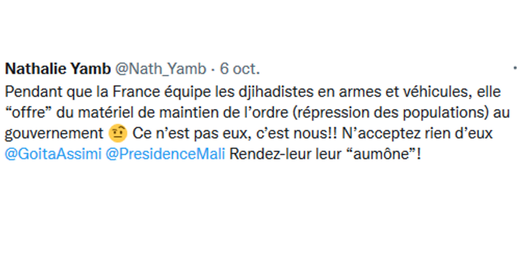 Capture d'écran du compte Twitter de Nathalie Yamb réalisée le 8 octobre 2021.