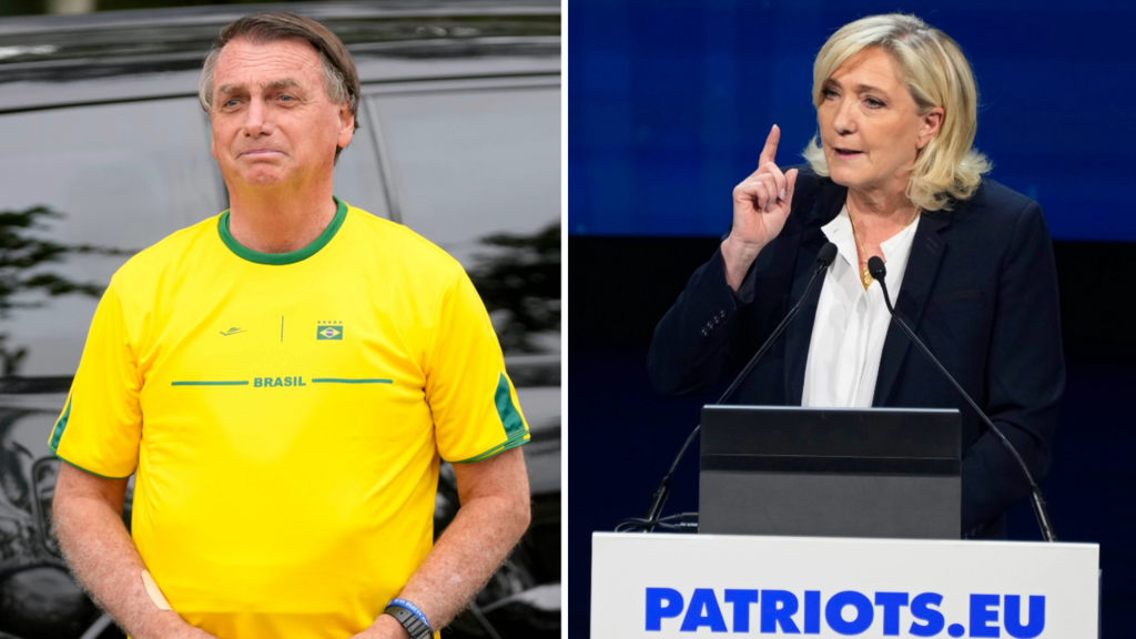 Fotomontagem de Marine Le Pen, líder da extrema direita francesa, e do ex-presidente brasileiro Jair Bolsonaro.