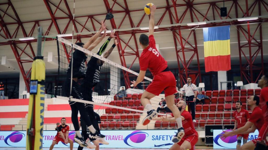 Fază din meciul de volei masculin Dinamo - Știința Baia Mare, martie 2023 (ilustrație)