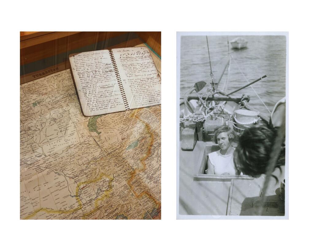 Un des carnets de voyage d'Ella dans l'espace Ella Maillart de Chandolin. À droite, la jeune Ella Maillart sur le voilier le Tanit.