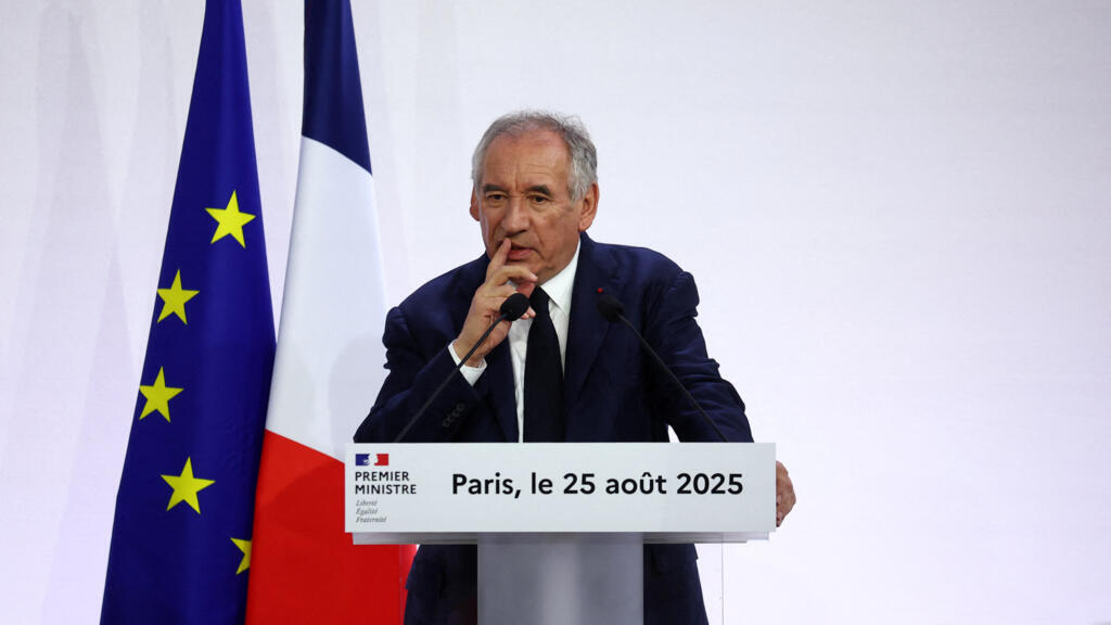 French Prime Minister Francois Bayrou gestures as he delivers a speech during a press conference about his 2026 budget in Paris, France, August 25, 2025. REUTERS/Abdul Saboor