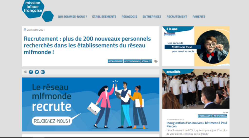 La page d'accueil du site de la Mission laïque française
