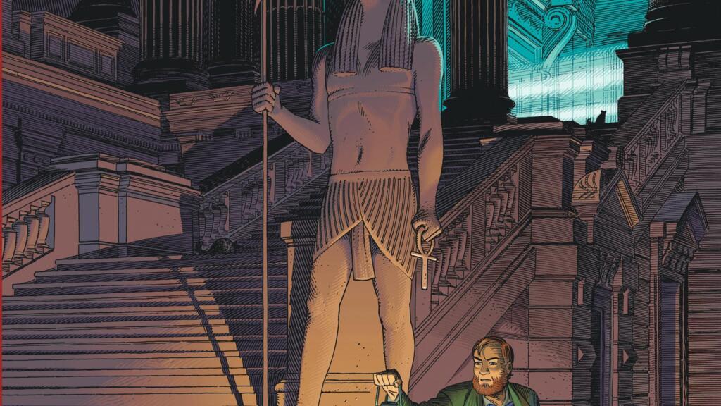 Détail de la couverture du nouvel album de Blake et Mortimer, "Le dernier Pharaon" de François Schuiten, Jaco Van Dormael, Thomas Gunzig et Laurent Durieux.