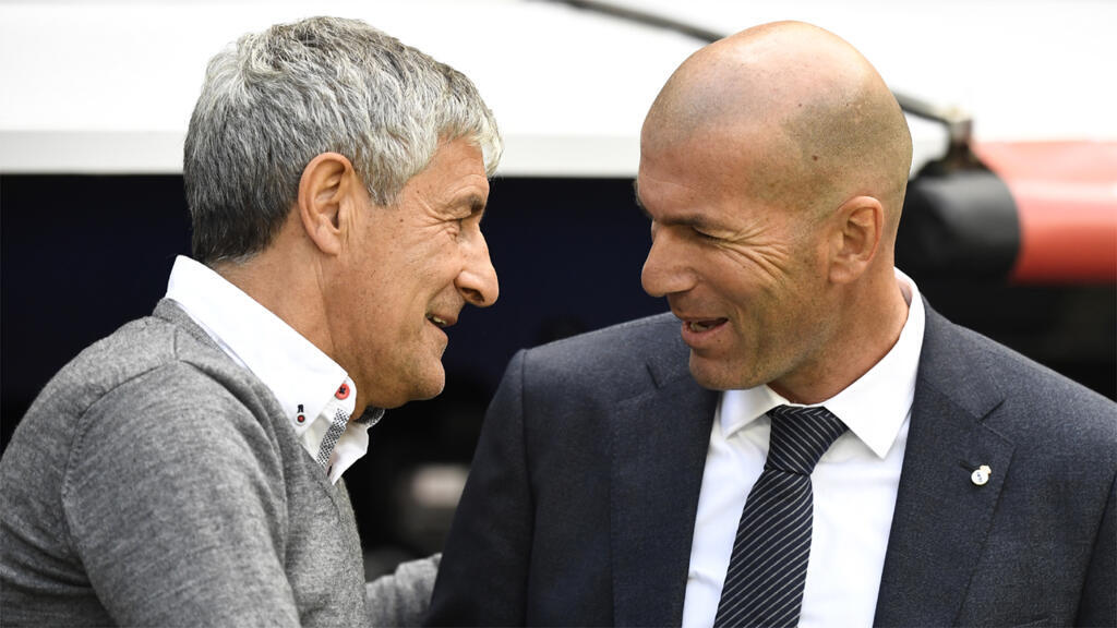 Quique Setien et Zinedine Zidane, en mai 2019.