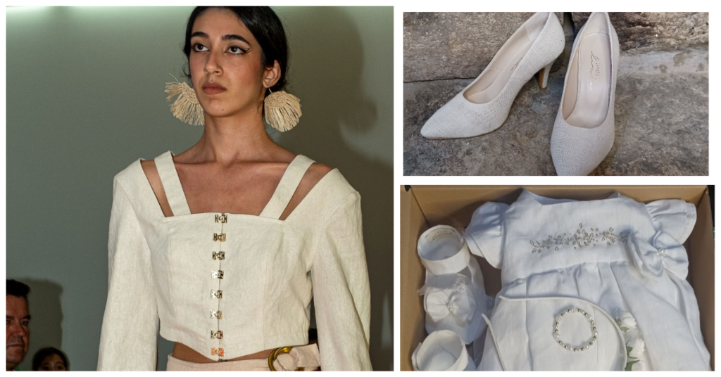 Modelo com brincos e peças de vestuário feitos com linho artesanal, sapatos feitos com linho artesanal e roupas para bebê