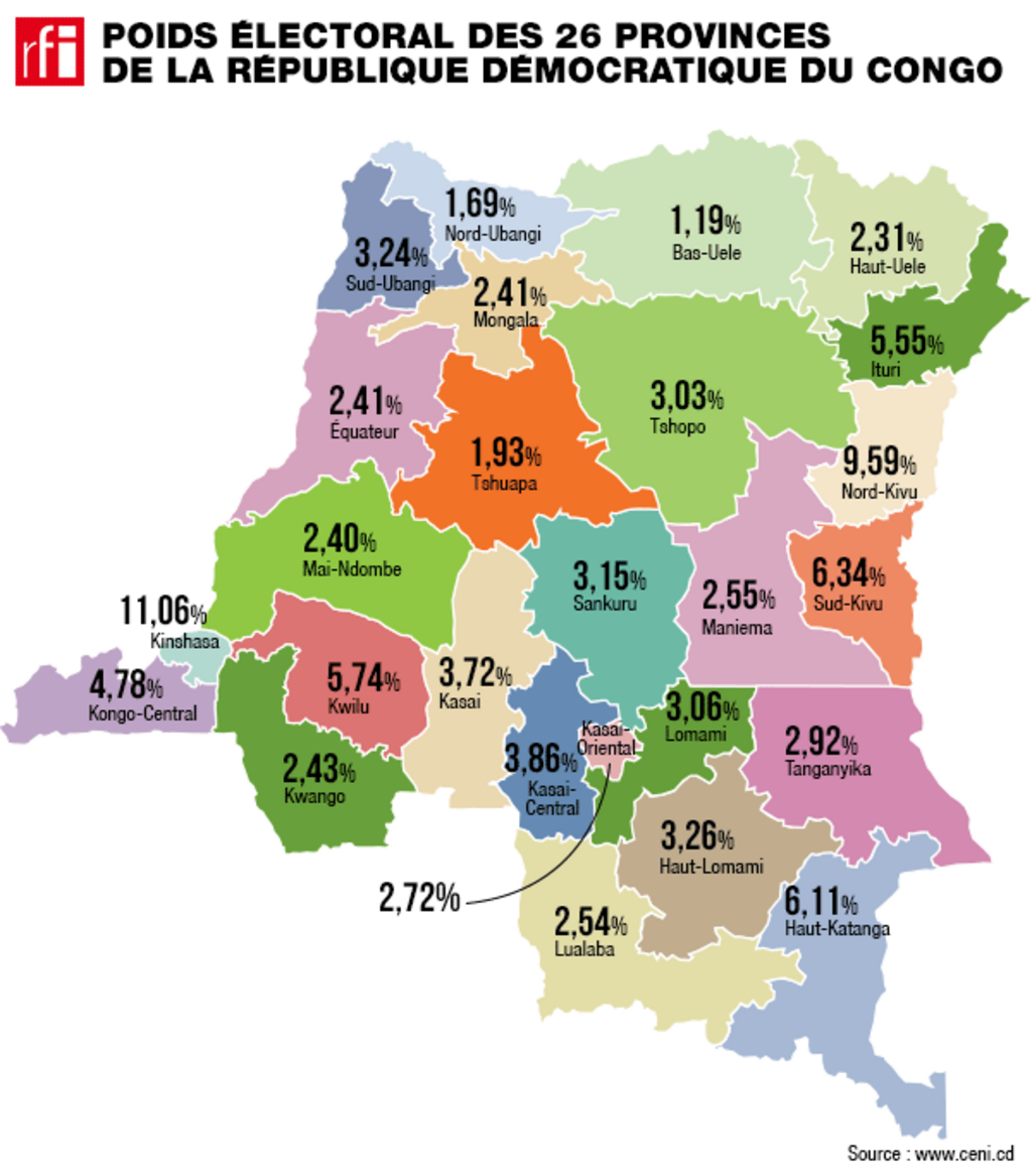 存档地图 / 刚果（金）各省行政图
RFI Carte / RD Congo : Direction générale des impôts (DGI) pense à élargir l'assiette fiscale par le recensement. Ici, une carte du poids électoral des 26 provinces. (illustration)