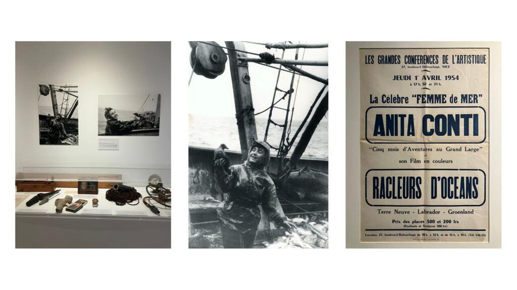 Des vues de l’exposition «Anita, la dame aux semelles de vent» qui s’est tenue en 2024 au musée des pêcheries de Fécamp et au centre, une image d’Anita Conti.