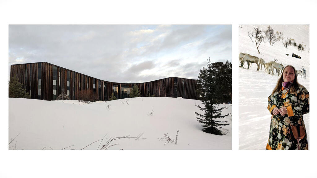 A gauche, le centre culturel sami Sajos qui abrite notamment le Parlement sami à Inari. A droite, Taija Aikio, qui travaille au Musée sami Siida d'Inari.