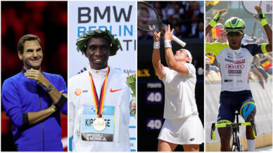 En 2022 Roger Federer met un terme à sa carrière, Eliud Kipchoge signe un nouveau record du monde sur marathon, Ons Jabeur grimpe le classement WTA et Biniam Girmay décroche la première victoire africaine sur les routes de Gand-Wevelgem (montage RFI)