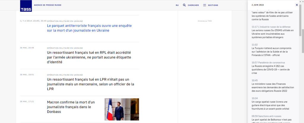 Capture d'écran des dépêches de l'agence de presse russe Tass sur la mort du journaliste français Frédéric Leclerc-Imhoff.