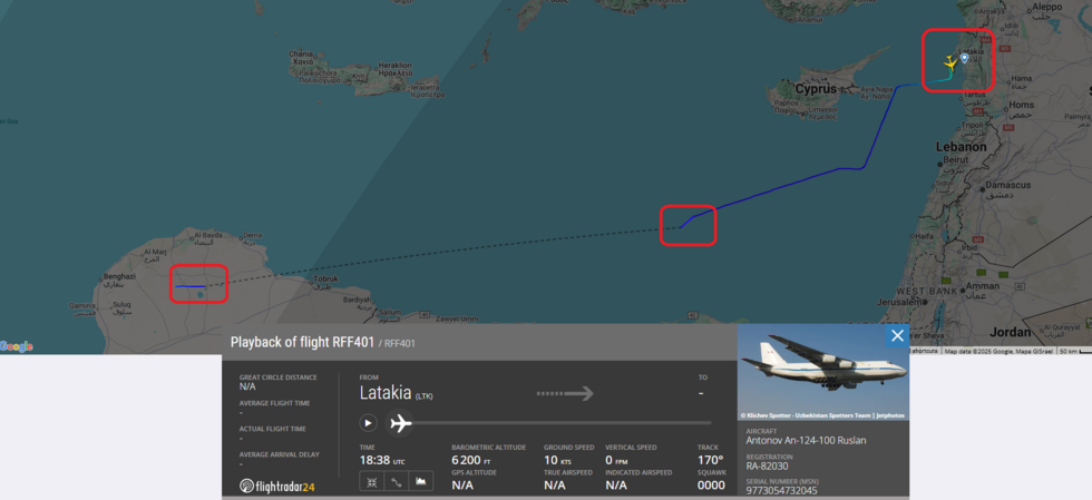Lors d'un précédent vol, le signal du même appareil avait disparu après son décollage de Hmeimim (Syrie), pour réapparaître à proximité d'Al-Khadim (Libye).
