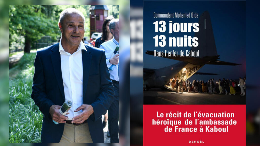 Mohamed Bida et la couverture de son livre, 13 jours et 13 nuits, dans l'enfer de Kaboul.