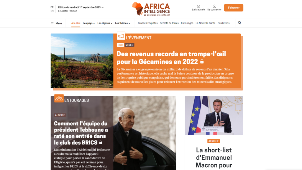 Page d'accueil du site d'information indépendant «Africa Intelligence».