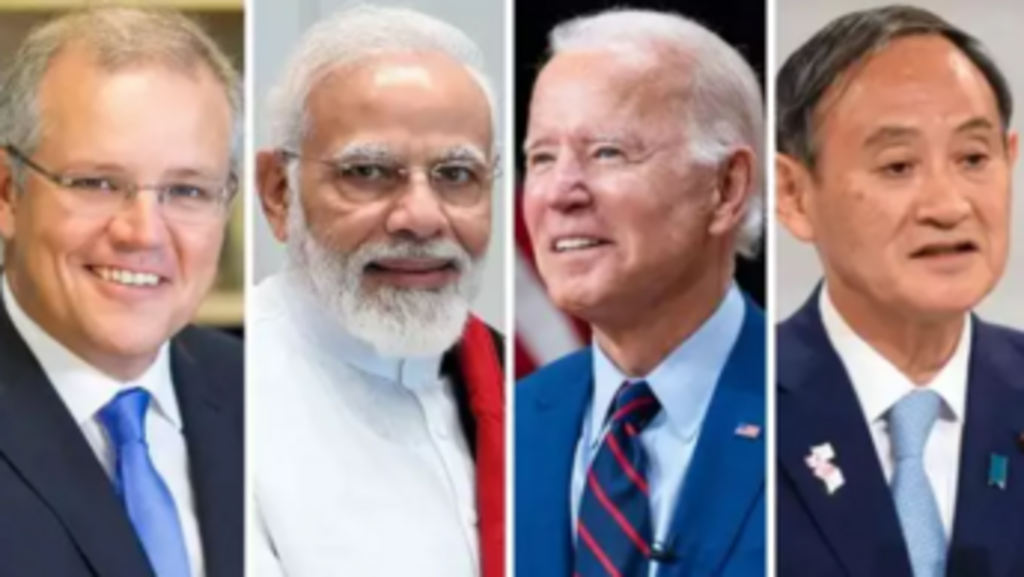 L'Australien Scott Morrison, l'Indien Narendra Modi, Joe Biden, et Yoshihide Suga doivent discuter de la sécurité maritime et du maintien d'une région indo-pacifique «libre et ouverte», le 12 mars 2021.