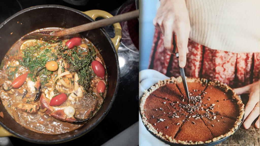 Bouillon sauvage d'Alcidia Vulbeau (©Ilyadesfoods) et Tarte crémeuse à la caroube (issue du livre "Pâtisserie naturelle" de Jennifer Hart Smith).(© RFI/Clémence Denavit)