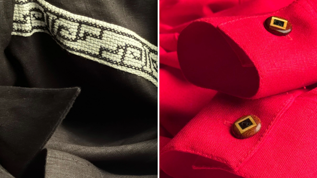 Parte do grafismo de suas blusas fica por conta dos botões que mandou fazer sob encomenda com pau Brasil reciclado. Foi assim que foi descoberta pela Brasil Eco Fashion Week.