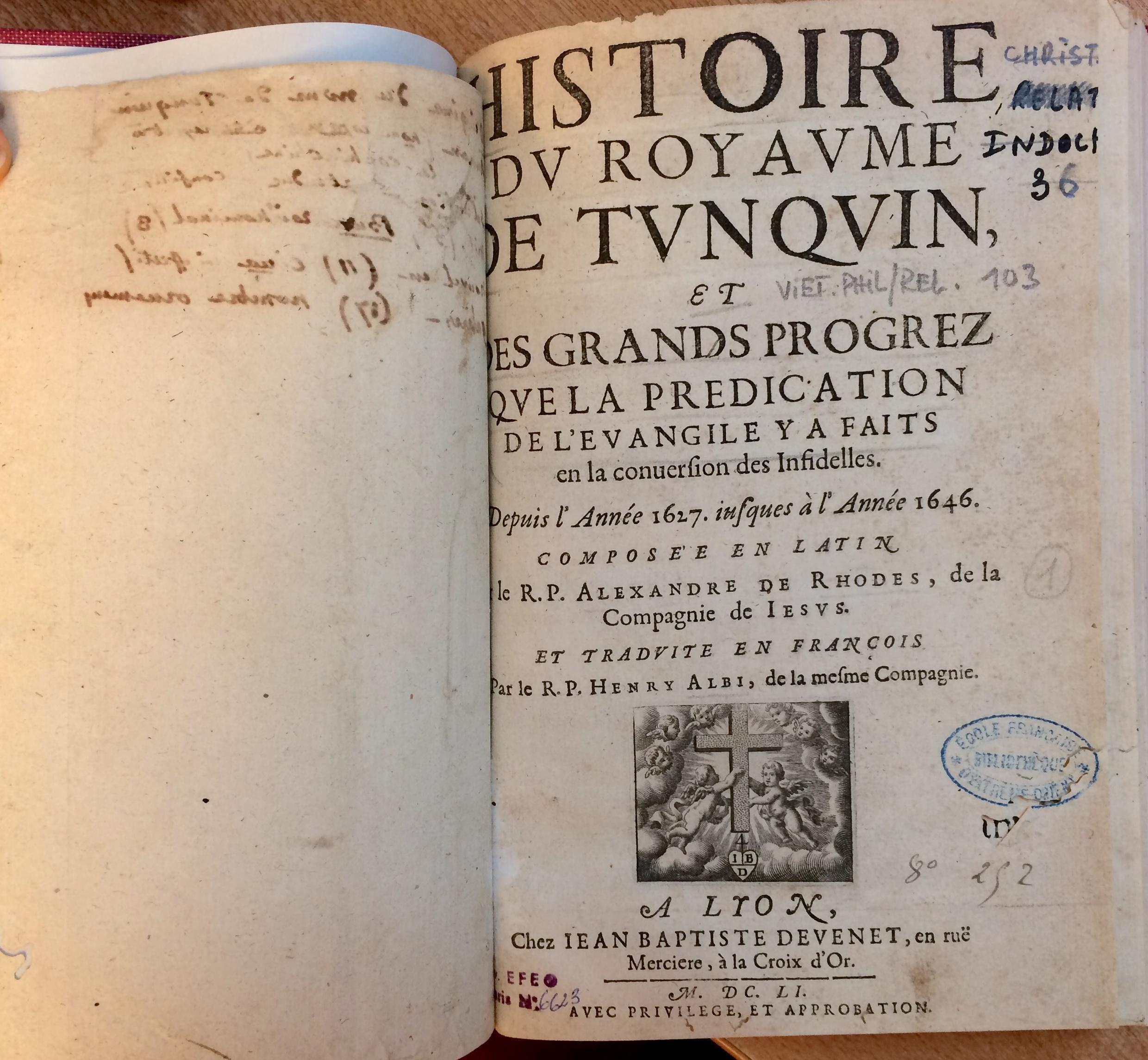 Bìa cuốn sách Lịch sử Vương quốc Bắc Kỳ, xuất bản năm 1646, EFEO, Paris.