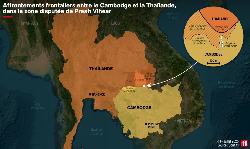 Affrontements frontaliers entre le Cambodge et la Thaïlande, dans la zone disputée de Preah Vihear.
