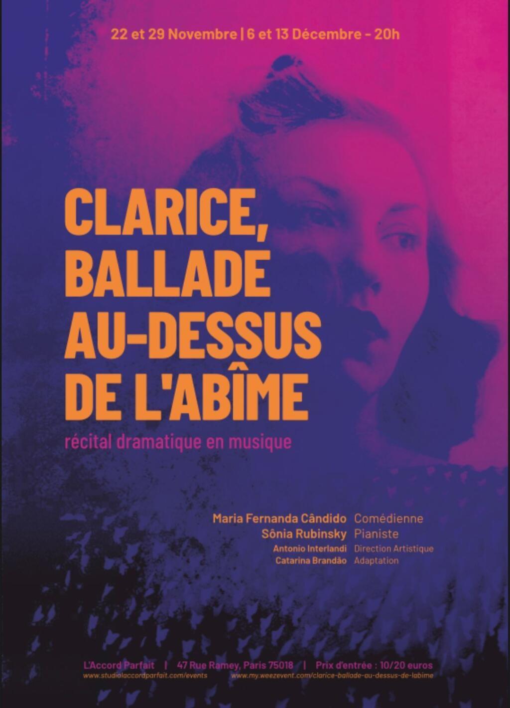 Cartaz do recital dramático "Clarice, Ballade au-dessus de l'Abîme", sobre a escritora brasileira Clarice Lispector.